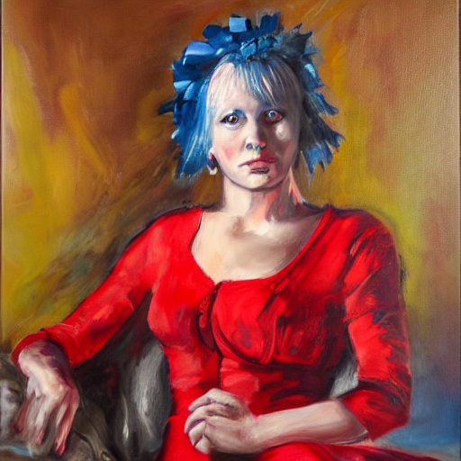 Kehotteella &ldquo;oil on canvas, blue eyes, portrait, caucasian woman, red dress&rdquo;